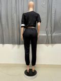 Women's Spring Summer Stylish Slash Shoulder Print Cropped Pants Button Sport Two-Piece Set