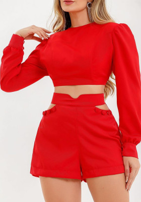 Women's Solid Color Cropped Long Sleeve Shirt Cutout High Waist Shorts Casual Set