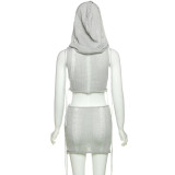 Spring women's sexy hollow knitting hooded top high waist Bodycon skirt suit