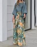 Summer women's suit lantern sleeves loose top printed wide-leg pants two-piece set
