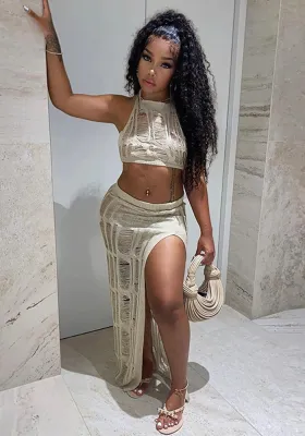 Women's Spring Summer Fashion Beach Dress Halter Neck Tie High Waist Slit Maxi Skirt Set