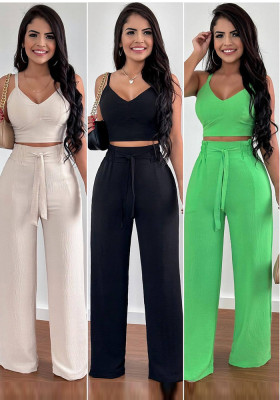 Women's Spring V Neck Cropped Tank Top Tether High Waist Patch Pocket Straight Leg Pants Casual Set