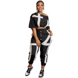 Women's Spring Summer Stylish Slash Shoulder Print Cropped Pants Button Sport Two-Piece Set