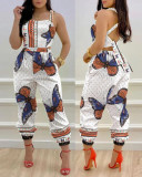 Summer Fashion Printed Straps Backless Jumpsuit