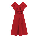 Plus Size Sexy V-Neck Ruffle Sleeve Slim Tie A-Line Summer Women'S Dress