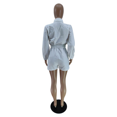 Ladies' Fashion White Woven Turndown Collar Long Sleeve Botton Casual Jumpsuit