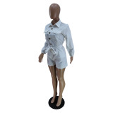 Ladies' Fashion White Woven Turndown Collar Long Sleeve Botton Casual Jumpsuit