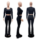 Women Winter Women'S Ribbed Solid Color Long Sleeve Crop Top Slim Bell Bottom Pants Two Piece Tracksuit