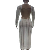 Women'S Sprint Fashion Solid Color Backless Knitted Long Sleeve Dress