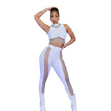 Women Summer mesh patchwork Crop Top and Pant Two-Piece Set