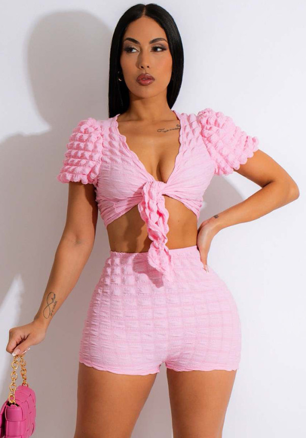 Women Clothing Summer Fashion Bubble Grid Solid Crop Top and Shorts Two-Piece Set