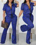Women Spring Summer Fashion Print Zipper Top and Pant Two-Piece Set