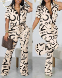Women Spring Summer Fashion Print Zipper Top and Pant Two-Piece Set