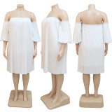 Plus Size Women Summer Short Sleeve Pleated Solid Dress
