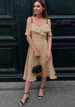 Women Sexy V Neck Strap Polka Dot Midi Dress