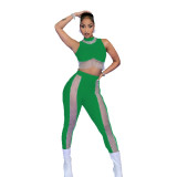 Women Summer mesh patchwork Crop Top and Pant Two-Piece Set