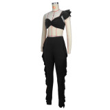 Women Ruffle Edge One Shoulder Crop Top and Pant Two-Piece Set