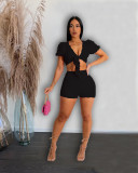 Women Clothing Summer Fashion Bubble Grid Solid Crop Top and Shorts Two-Piece Set