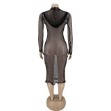 Women Sexy Solid Mesh With Hood Dress