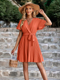 Summer Casual Dress Fashion Ladies Solid Color V Neck Slim Waist Pleated Dress