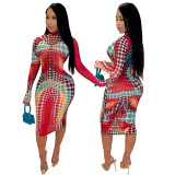Long Sleeve Women's Summer Colorful Polka Dot Print Fashion Tight Fitting Dress