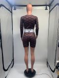 Summer sexy knitting Ribbed printed sexy long-sleeved shorts suit for women