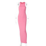 Women's Spring Fashion Solid Color Sleeveless Round Neck Slim Dress