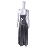 Women's Spring Solid Color Shiny Sexy Low Back Camisole Slim Maxi Dress