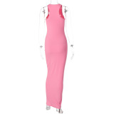 Women's Spring Fashion Solid Color Sleeveless Round Neck Slim Dress