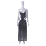 Women's Spring Solid Color Shiny Sexy Low Back Camisole Slim Maxi Dress