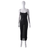 Women's Spring Solid Color Sexy Mesh Low Back Camisole Slim Long Dress