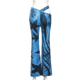 Spring Ladies Fashion Hipster 3d Denim Print High Waist Straight Leg Casual Pants