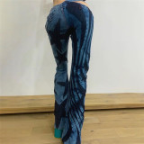 Spring Ladies Fashion Hipster 3d Denim Print High Waist Straight Leg Casual Pants