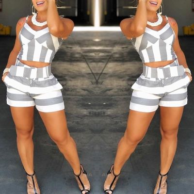 Women Fashion Stripe Print Sexy Camisole Shorts Two Piece Set With Belt