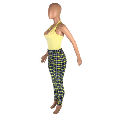 Two-Piece Sexy Halter Neck Top Plaid Pants Suit Sexy Women'S Clothing