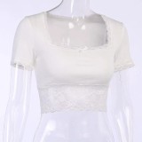 French Retro Square Collar Lace Patchwork Crop Ribbed T-Shirt Female Sexy Lace Patchwork Slim Fit Short Sleeve Top