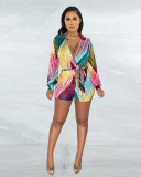 Women'S Spring Summer Deep V-Neck Multi-Color Print Sexy Belted Jumpsuit
