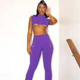 Spring Women'S Solid Color Ribbed Cutout Tie Tight Fitting Yoga Exercise Suit Two Piece Shorts Set