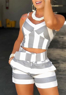 Women Fashion Stripe Print Sexy Camisole Shorts Two Piece Set With Belt