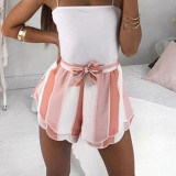 Women Summer Sexy Fashion Stripe Print Casual Double Layer Shorts With Belt