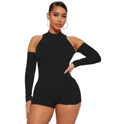 Women'S Spring Summer Ribbed Open Shoulder Sexy Jumpsuit