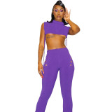 Spring Women'S Solid Color Ribbed Cutout Tie Tight Fitting Yoga Exercise Suit Two Piece Shorts Set