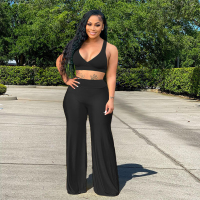 Women'S Plus Size Sexy Fashion Straps Low Back Top Wide Leg Pants Two-Piece Set