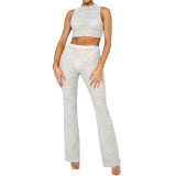 Women'S Spring Summer Knitting Stripe See-Through Tank Top Solid Color Casual Pants Two-Piece Set