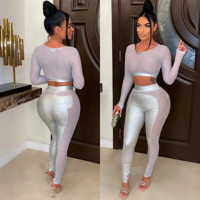 Fashionable Round Neck Long Sleeve Cropped Top And Slim Pencil Pants See-Through Two-Piece Set For Women