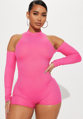 Women'S Spring Summer Ribbed Open Shoulder Sexy Jumpsuit