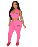 Women Casual Zipper Letter Print Top and Pants Two-Piece Set