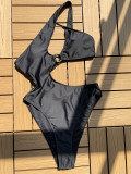 Women Sexy Solid Color Slash Shoulder Bikini One-Piece Swimwear