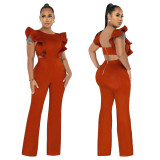 Women Summer Ruffle Round Neck Solid Jumpsuit