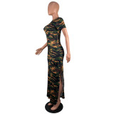 Women Camouflage Print Slit Short Sleeve Dress